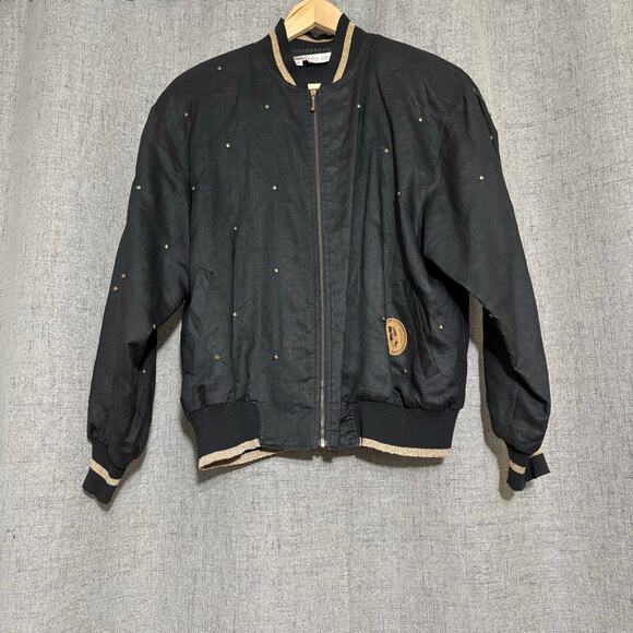 Vintage Pia Rucci Jacket Women Medium Black 100% Ramie Studded Gold Bomber - Picture 1 of 6